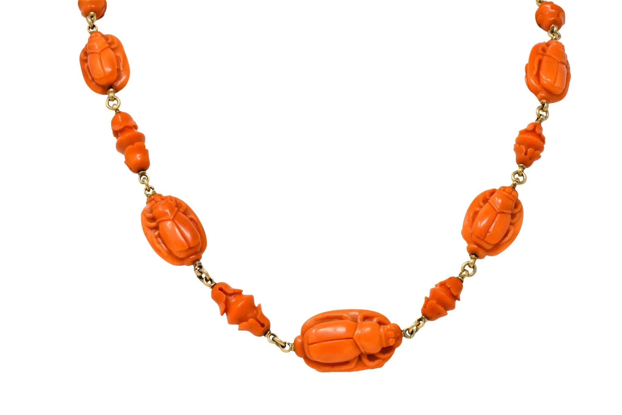 Victorian Carved Butterfly & Scarab Coral 14 Karat Gold Necklace