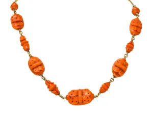 Victorian Carved Butterfly & Scarab Coral 14 Karat Gold Necklace