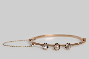 Victorian Era Moonstone & Pearl Knife Edge Bangle Bracelet in 14k Gold