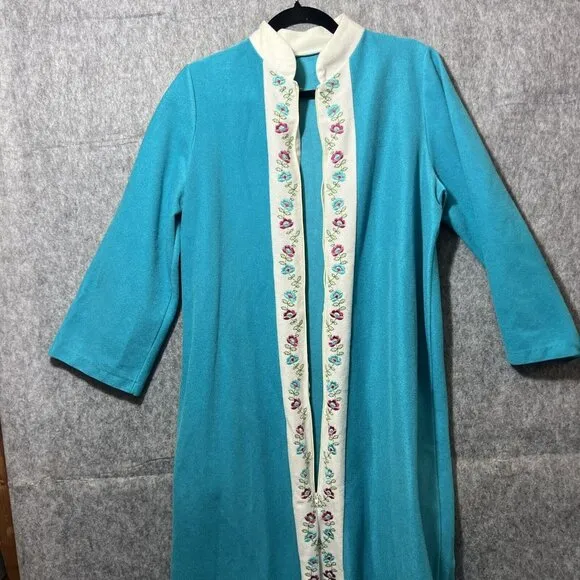 Vintage 60s Sears Day Home Wear‎ House Coat M Zip Robe Embroidered Turquoise
