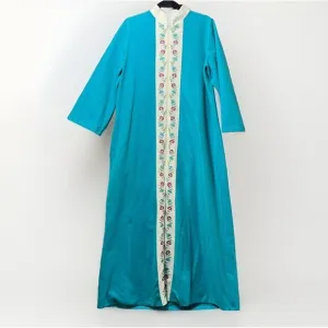Vintage 60s Sears Day Home Wear‎ House Coat M Zip Robe Embroidered Turquoise