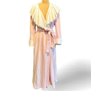 VINTAGE 80s ruffle collar lace pastel pink wrap‎ robe long maxi belted waist 70s