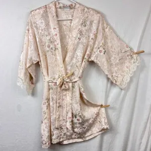Vintage 90s California Dynasty Satin Floral Robe Womens M Cottage Lace Pocket