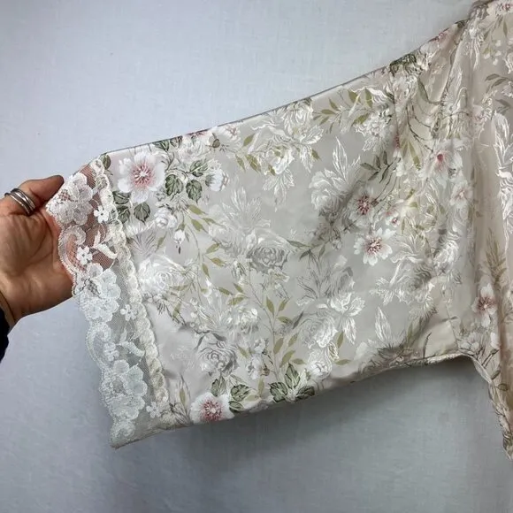 Vintage 90s California Dynasty Satin Floral Robe Womens M Cottage Lace Pocket
