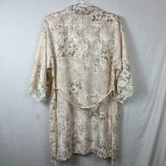 Vintage 90s California Dynasty Satin Floral Robe Womens M Cottage Lace Pocket
