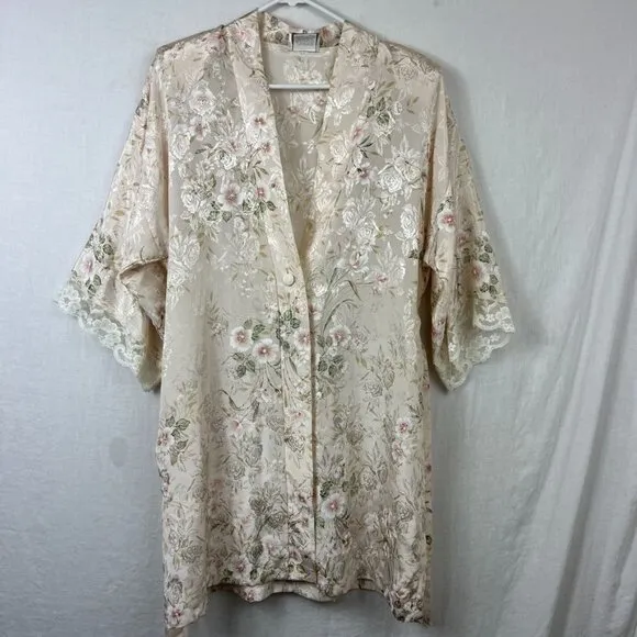 Vintage 90s California Dynasty Satin Floral Robe Womens M Cottage Lace Pocket