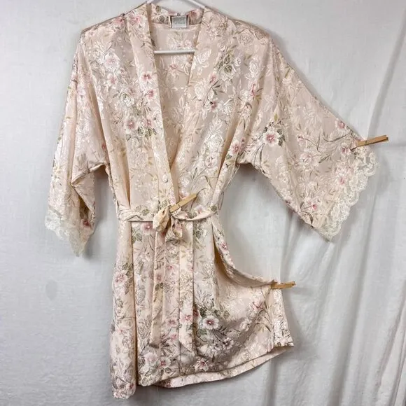 Vintage 90s California Dynasty Satin Floral Robe Womens M Cottage Lace Pocket