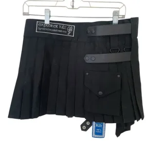 Vintage Black Pleated Kilt Mini Skirt Straps Pocket Large Goth Grunge Punk NWT