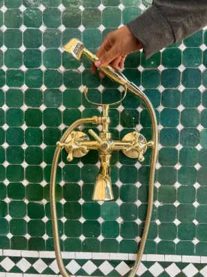 Vintage Clawfoot Tub Wall Mount in Unlacquered Brass - Tub Filler with Handshower