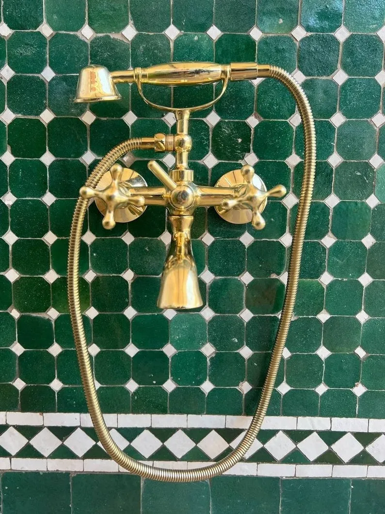 Vintage Clawfoot Tub Wall Mount in Unlacquered Brass - Tub Filler with Handshower