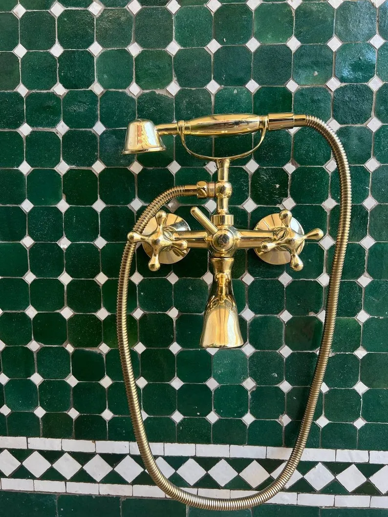 Vintage Clawfoot Tub Wall Mount in Unlacquered Brass - Tub Filler with Handshower