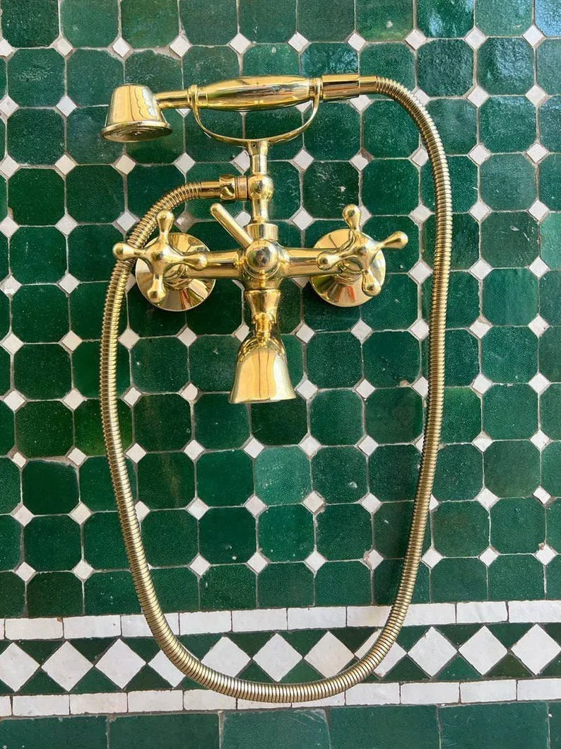 Vintage Clawfoot Tub Wall Mount in Unlacquered Brass - Tub Filler with Handshower