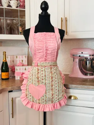 Vintage Darling Apron Pink With Blue Victorian Floral Print