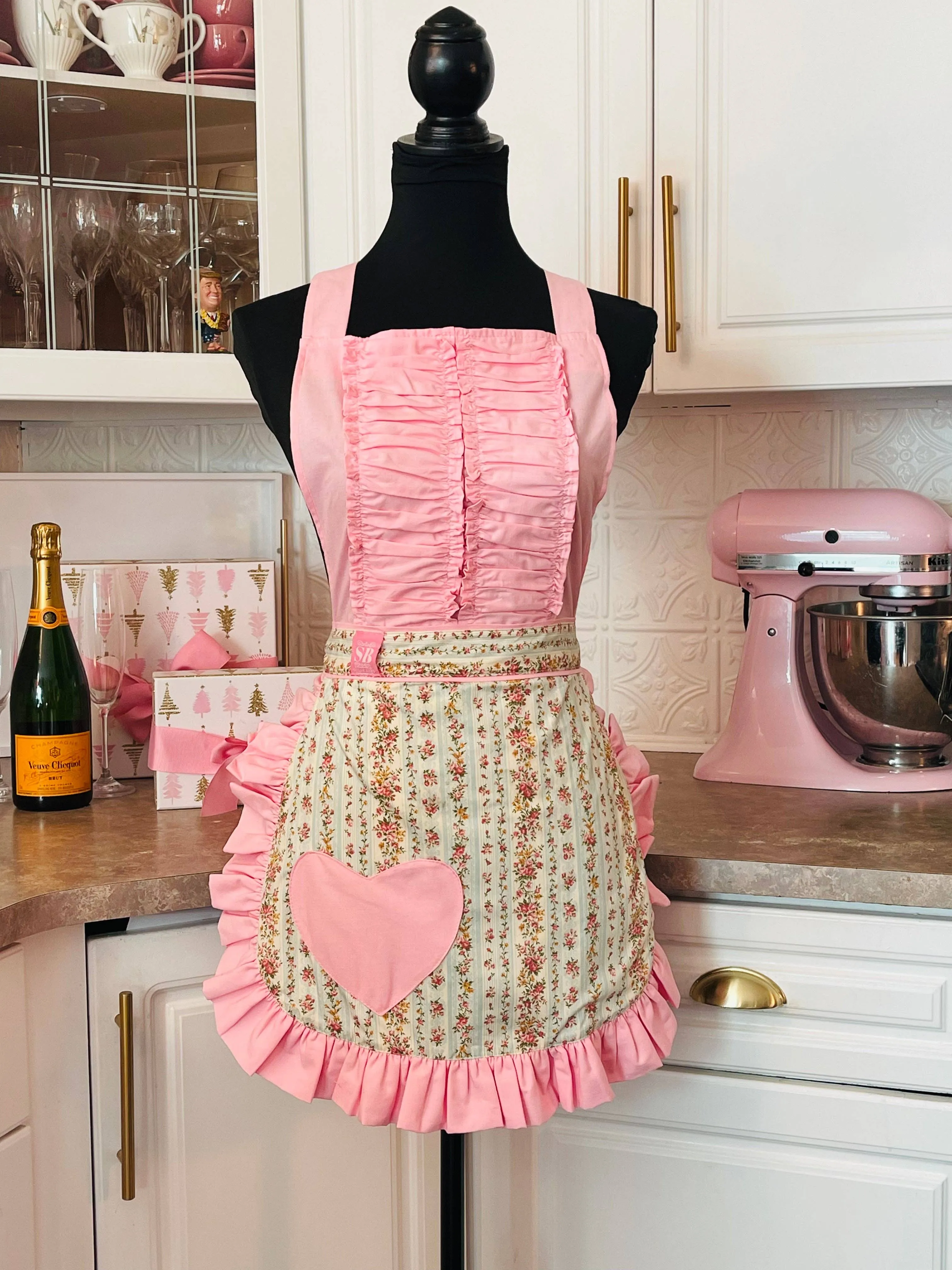Vintage Darling Apron Pink With Blue Victorian Floral Print