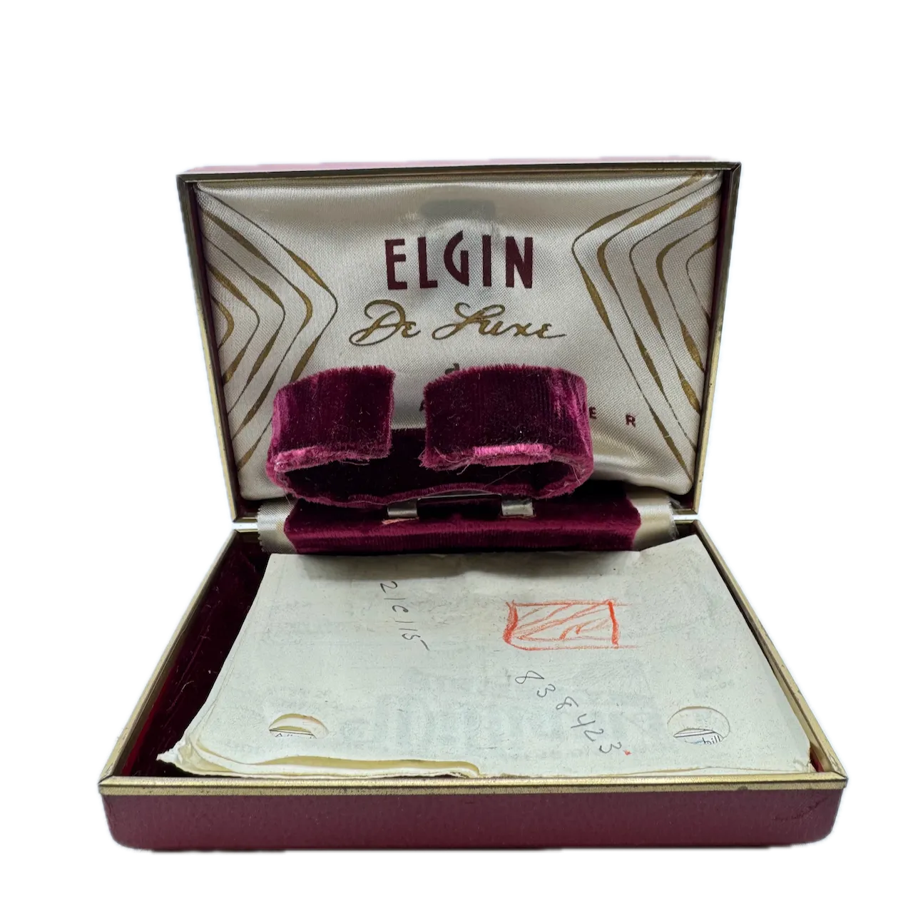 Vintage Elgin Floating Display Men's Wristwatch Box Felt & Leatherw/ Papers