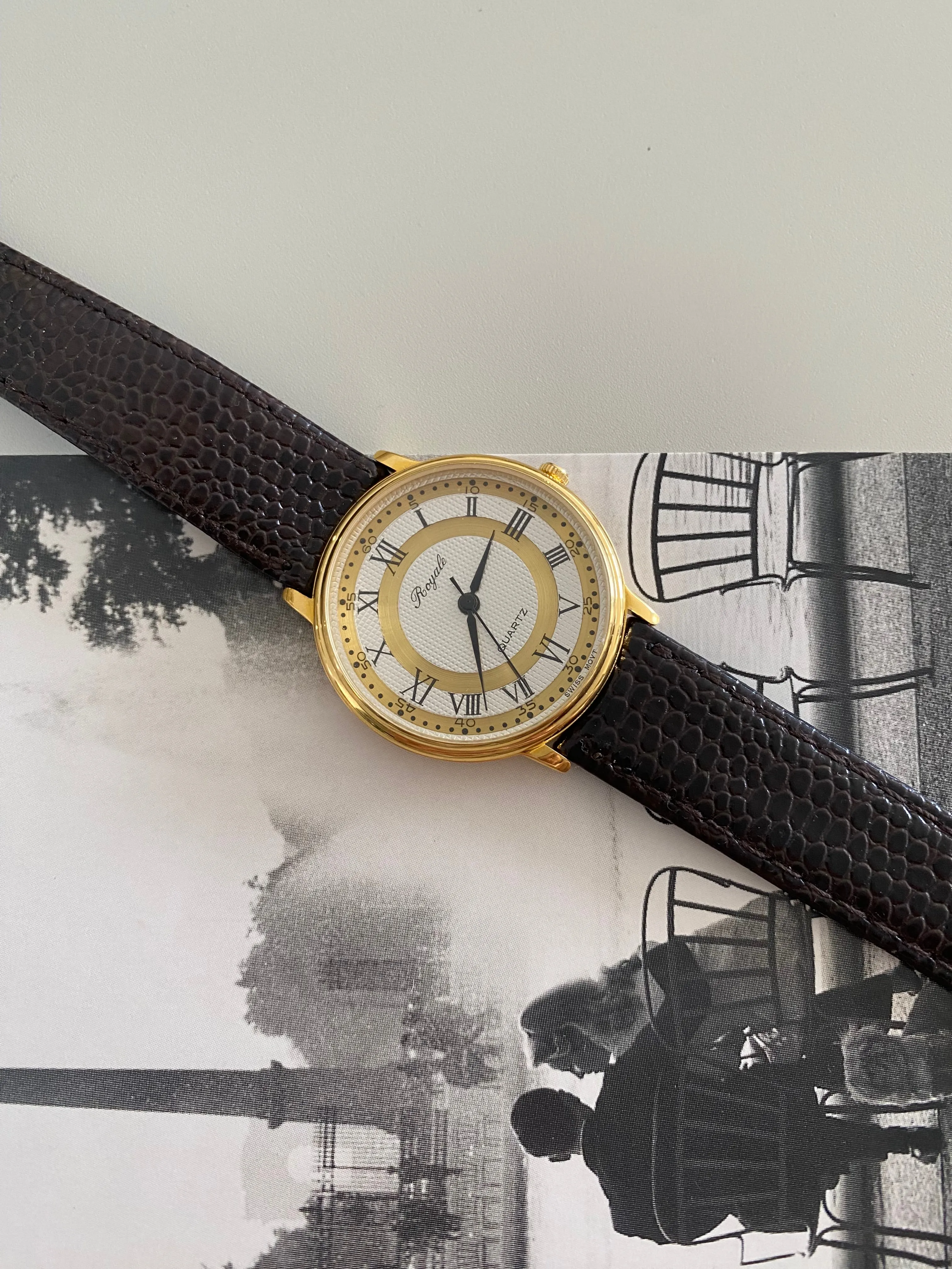 Vintage Gold tone Royale black leather watch