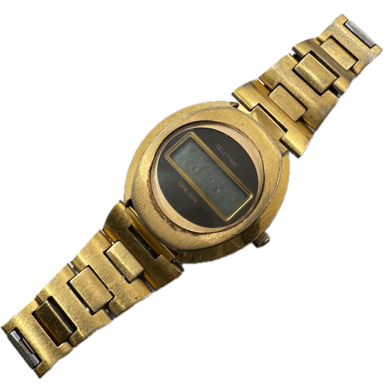 Vintage Gruen Teletime Egg Case Men's Digital LED Wristwatch USA Gold Tone