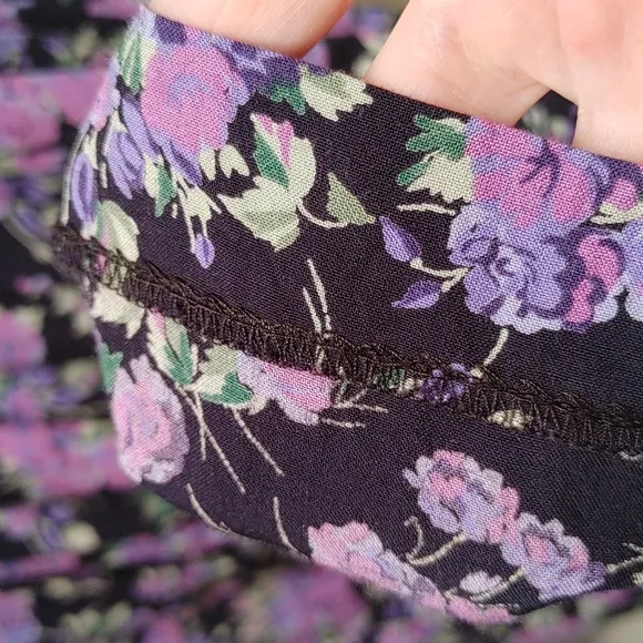 Vintage ILGWU Di Di Scott Pleated Skirt Pockets Black Lavender &amp; Pink Roses