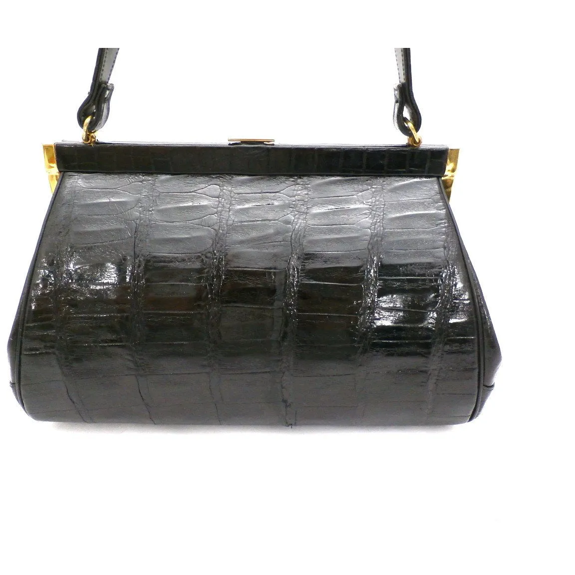 Vintage Kelly Style Bag Real Leather Black Alligator/Croc Finish Mayer 1950s Mint