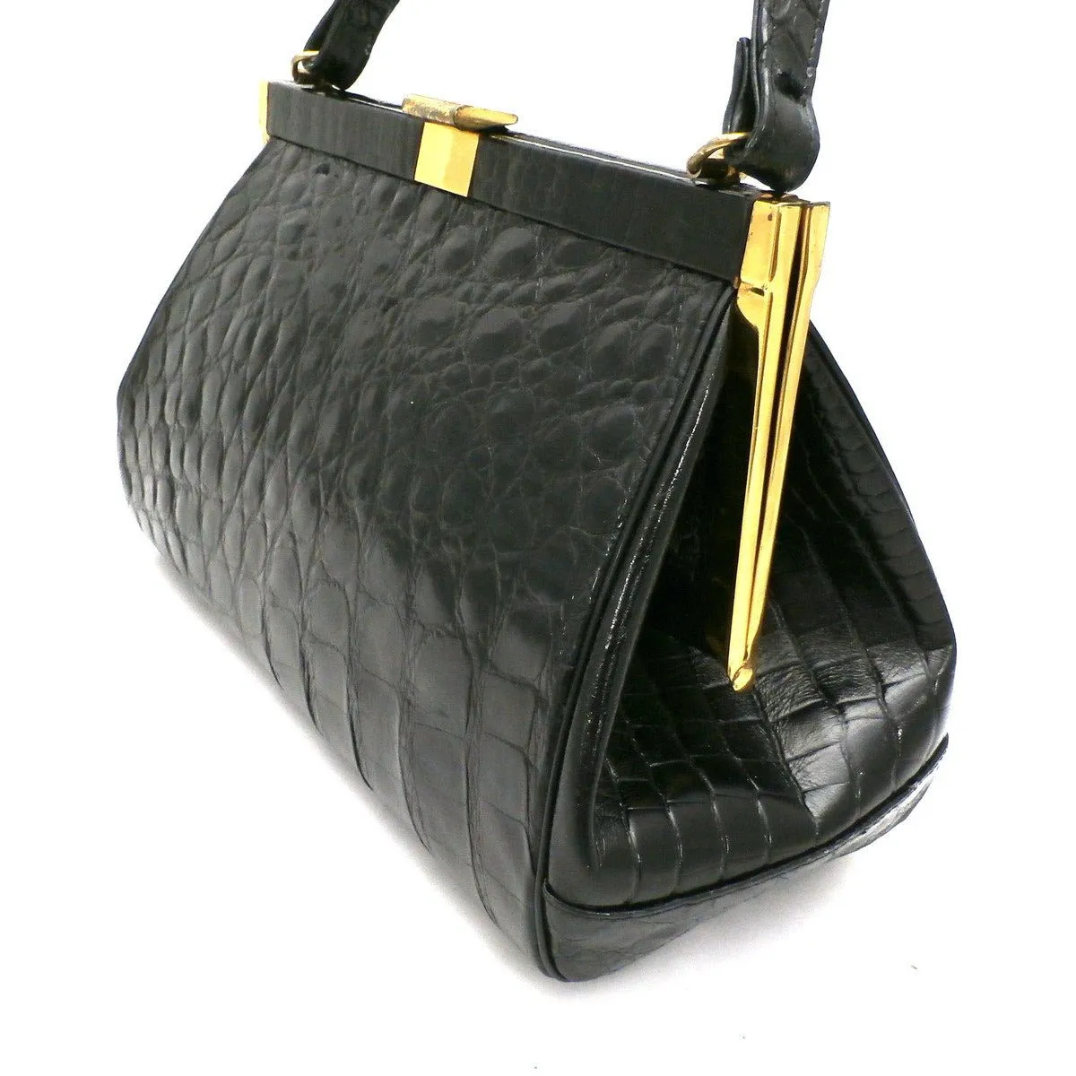 Vintage Kelly Style Bag Real Leather Black Alligator/Croc Finish Mayer 1950s Mint