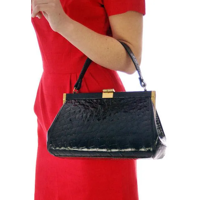 Vintage Kelly Style Bag Real Leather Black Alligator/Croc Finish Mayer 1950s Mint