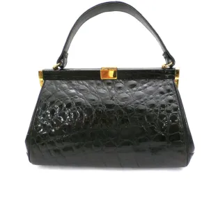 Vintage Kelly Style Bag Real Leather Black Alligator/Croc Finish Mayer 1950s Mint