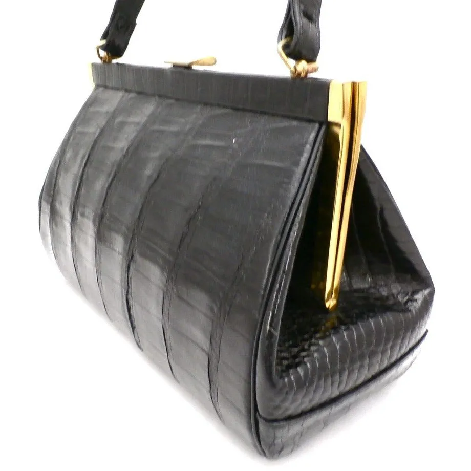Vintage Kelly Style Bag Real Leather Black Alligator/Croc Finish Mayer 1950s Mint