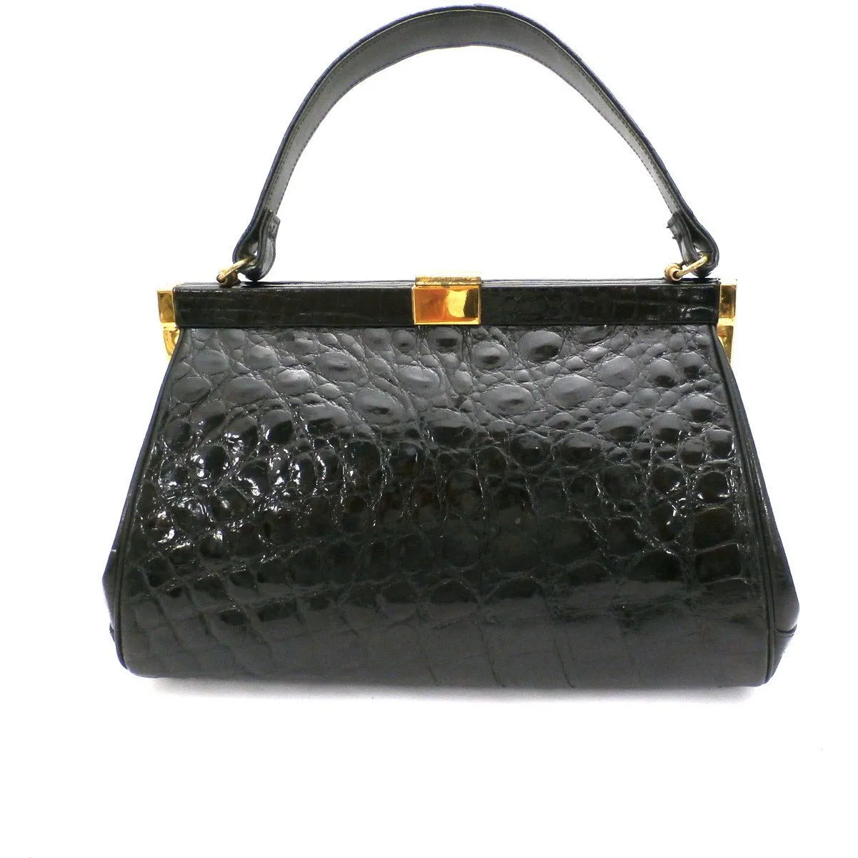 Vintage Kelly Style Bag Real Leather Black Alligator/Croc Finish Mayer 1950s Mint