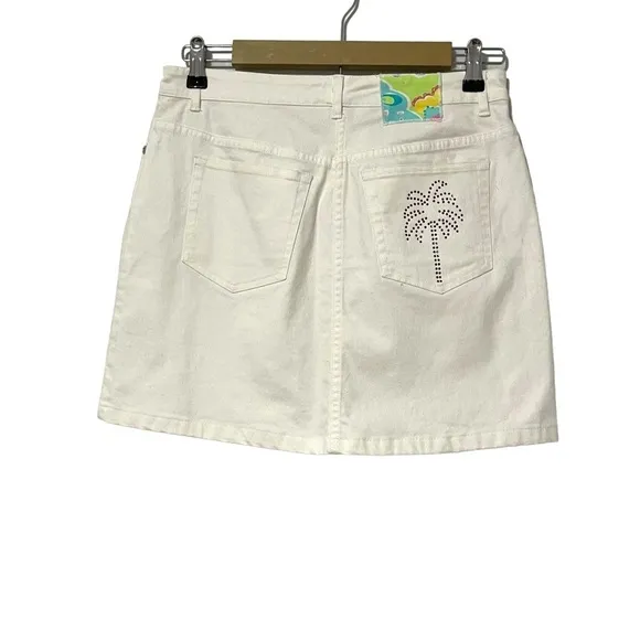 Vintage Lilly Pulitzer Y2K RARE White Denim Palm Tree Badazzled Mini Skirt Sz 2
