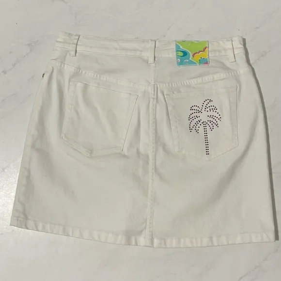 Vintage Lilly Pulitzer Y2K RARE White Denim Palm Tree Badazzled Mini Skirt Sz 2