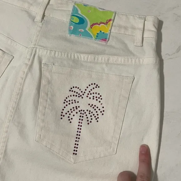Vintage Lilly Pulitzer Y2K RARE White Denim Palm Tree Badazzled Mini Skirt Sz 2