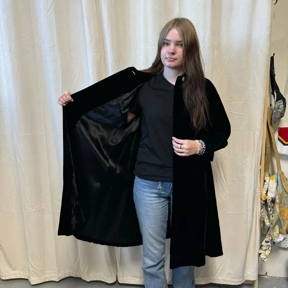 Vintage Long Black Velvet Jacket w/ Rhinestone Button