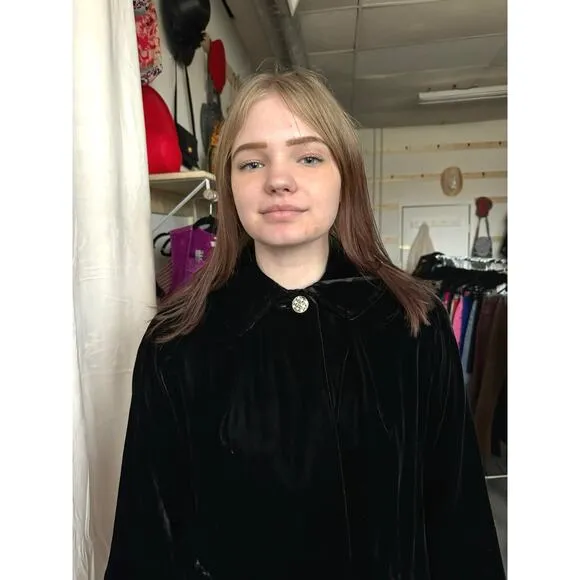 Vintage Long Black Velvet Jacket w/ Rhinestone Button