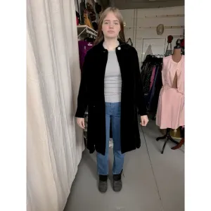 Vintage Long Black Velvet Jacket w/ Rhinestone Button