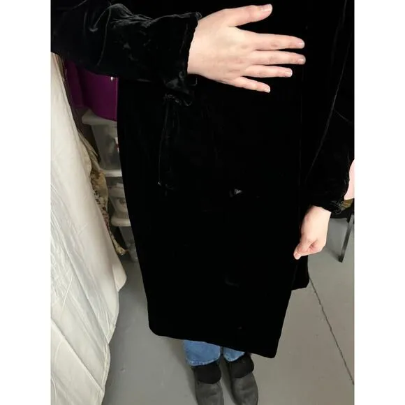 Vintage Long Black Velvet Jacket w/ Rhinestone Button