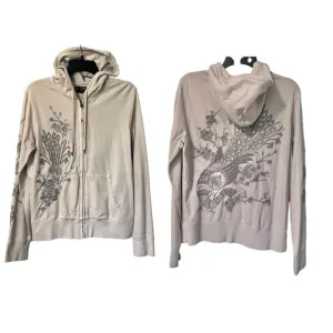 Vintage Lucky Brand Rare Peacock Embroidered Full Zip Cotton Hoodie Size Large