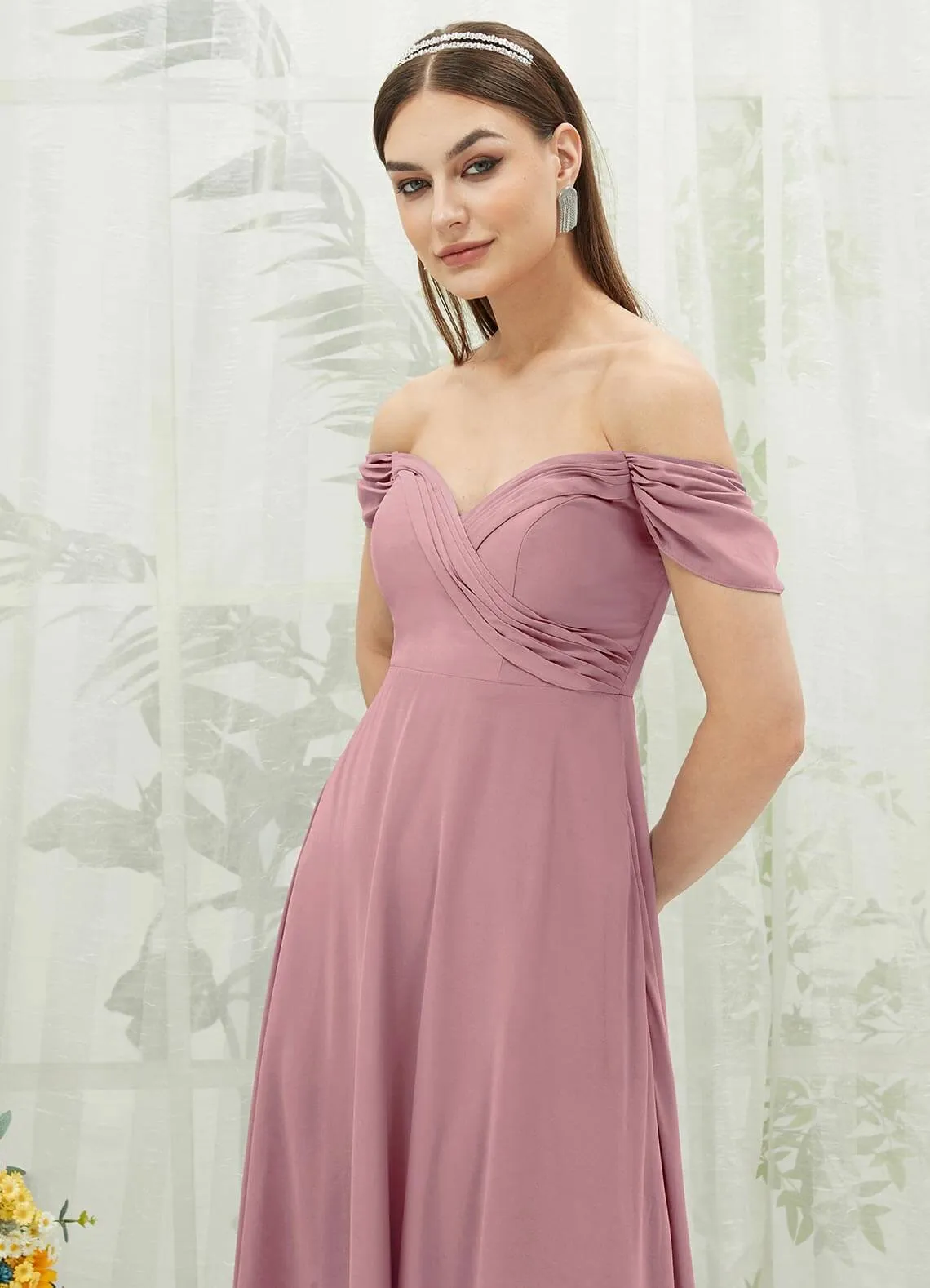 Vintage Mauve Chiffon Cold Shoulder Sweetheart Bridesmaid Dress Pocket