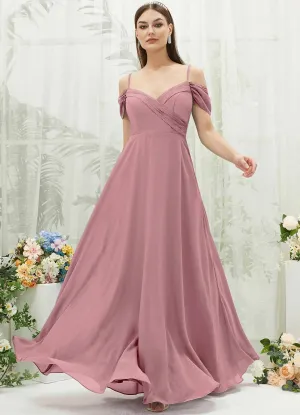 Vintage Mauve Chiffon Cold Shoulder Sweetheart Bridesmaid Dress Pocket