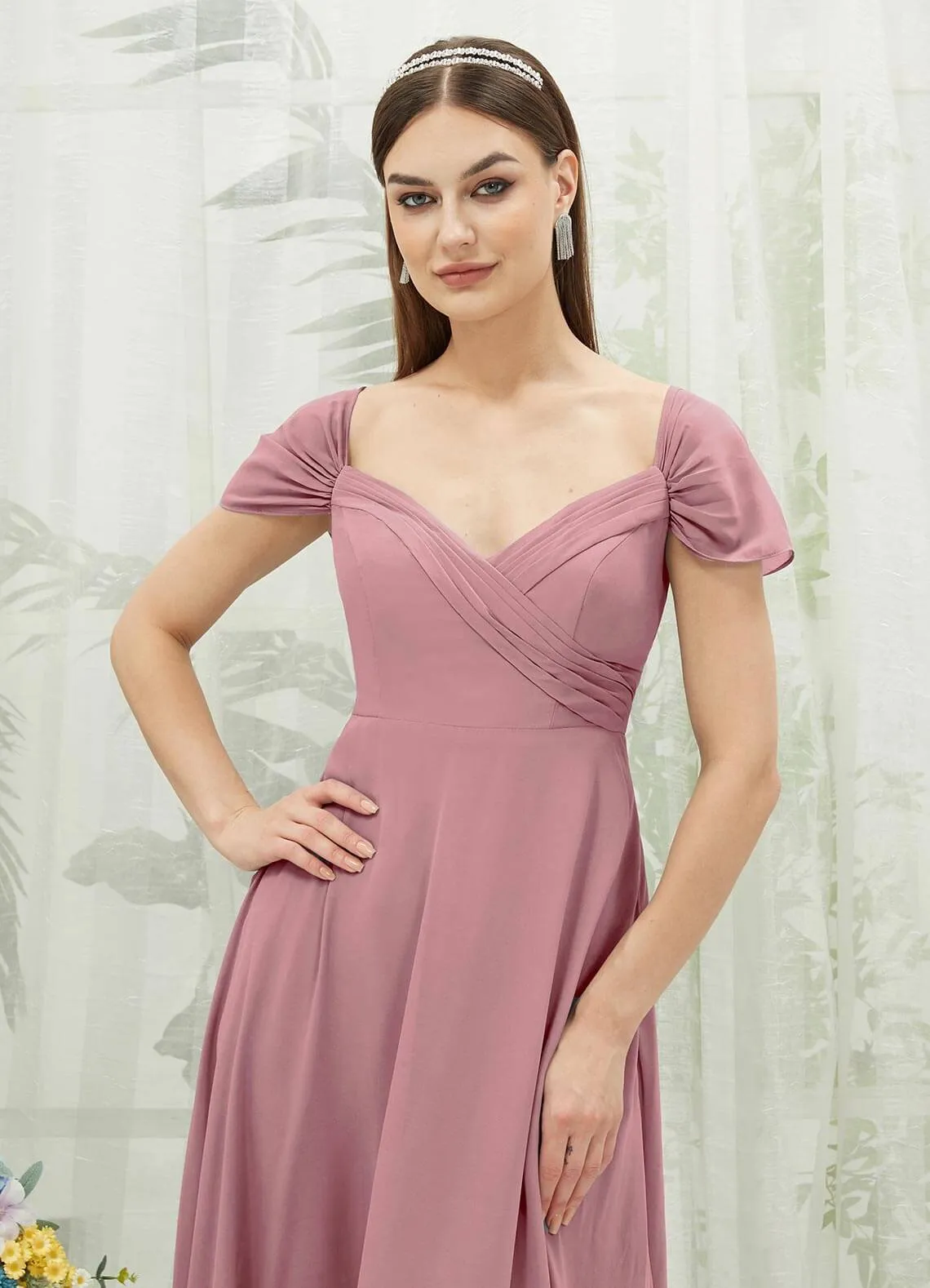 Vintage Mauve Chiffon Cold Shoulder Sweetheart Bridesmaid Dress Pocket