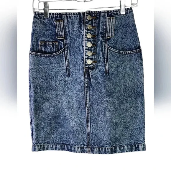 Vintage Nuovo High Waisted Button Fly Acid Wash Denim Mini Skirt Pockets sz 7