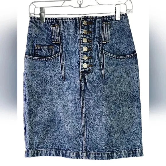Vintage Nuovo High Waisted Button Fly Acid Wash Denim Mini Skirt Pockets sz 7