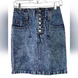 Vintage Nuovo High Waisted Button Fly Acid Wash Denim Mini Skirt Pockets sz 7