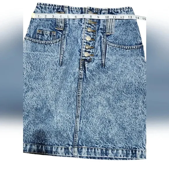 Vintage Nuovo High Waisted Button Fly Acid Wash Denim Mini Skirt Pockets sz 7
