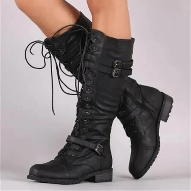 Vintage-style lace-up flat boots for women, featuring steampunk buckles