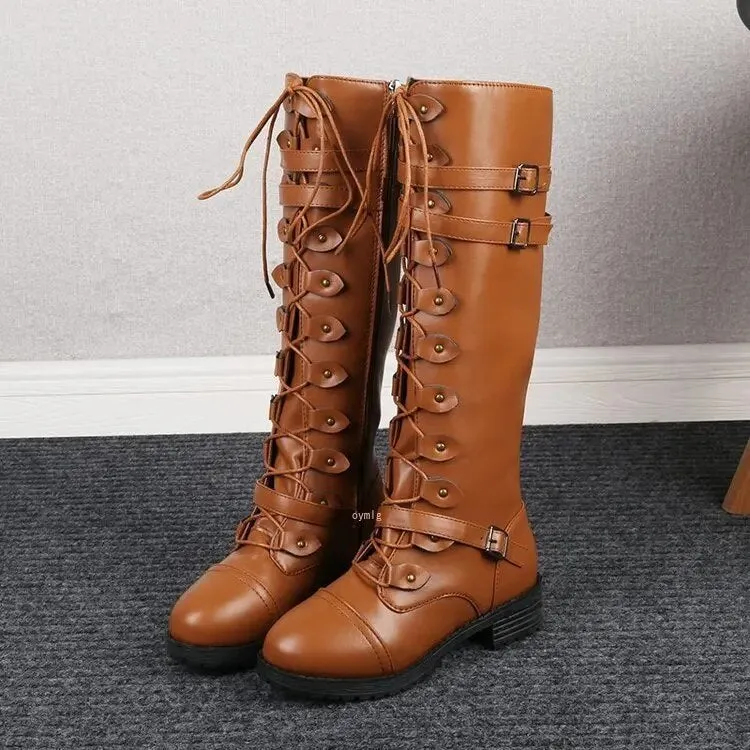 Vintage-style lace-up flat boots for women, featuring steampunk buckles