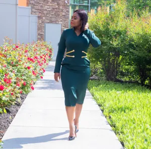Vintage Teal Long Sleeve V Neck Midi Dress