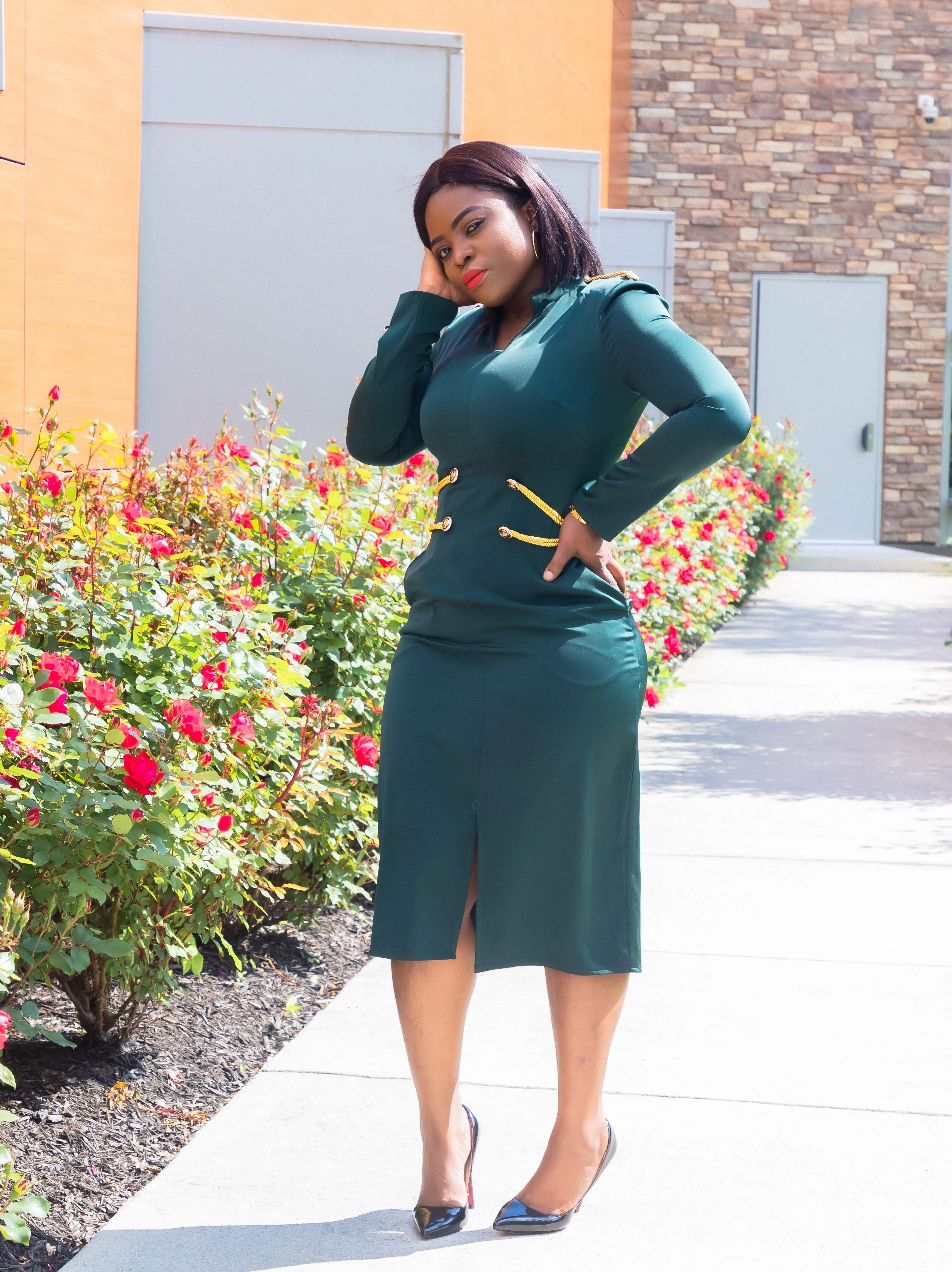 Vintage Teal Long Sleeve V Neck Midi Dress