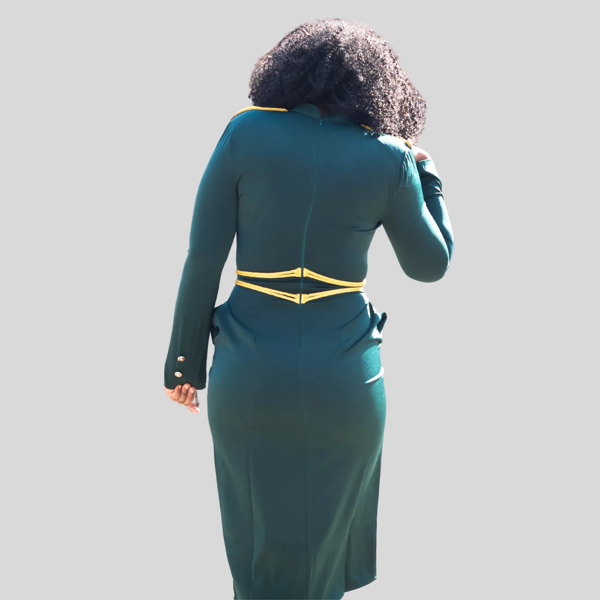 Vintage Teal Long Sleeve V Neck Midi Dress