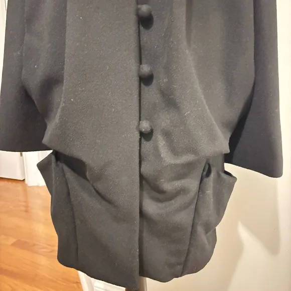 Vintage TOV Holy G Inc Size 38 Black Wool Coat 80s High Collar V Neck Buttons