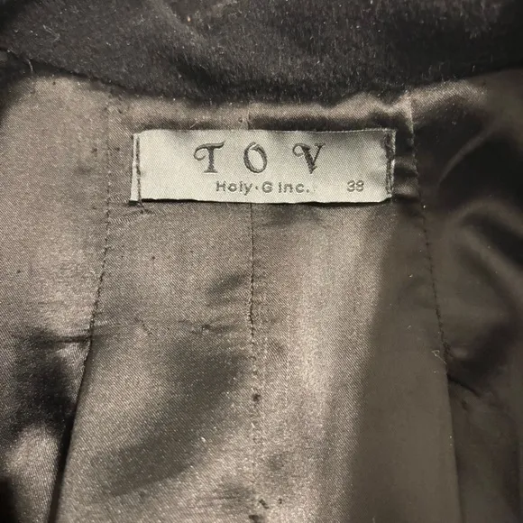 Vintage TOV Holy G Inc Size 38 Black Wool Coat 80s High Collar V Neck Buttons